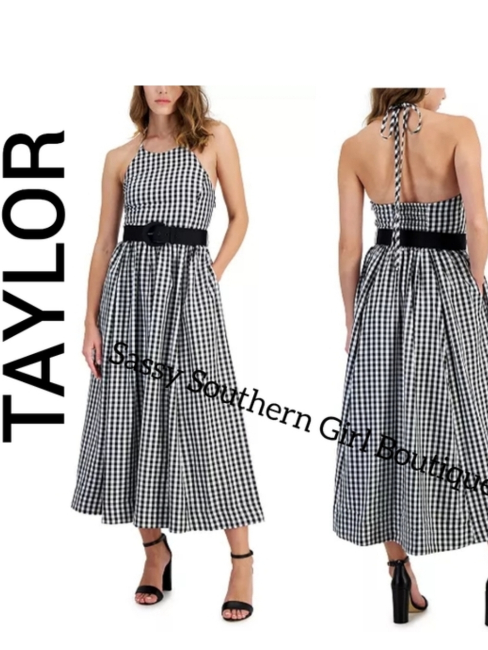 🆕⭐ Taylor Black Checkered Halter Midi Dress